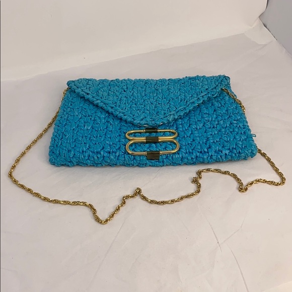 Vintage RODO Italian Teal Blue Knit Straw Handbag